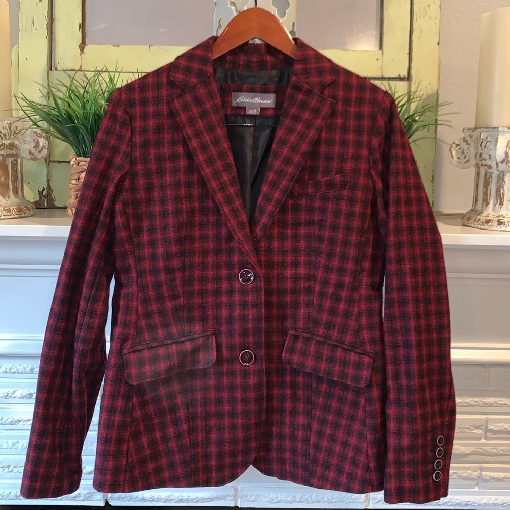 Eddie Bauer Red Black Wool Plaid Women’s Blazer Pockets Double Button Closure 6